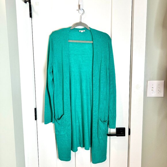 J. Jill Bright Green Linen Blend Long-Lined Open Front Cardigan Pockets Size M - Picture 1 of 4